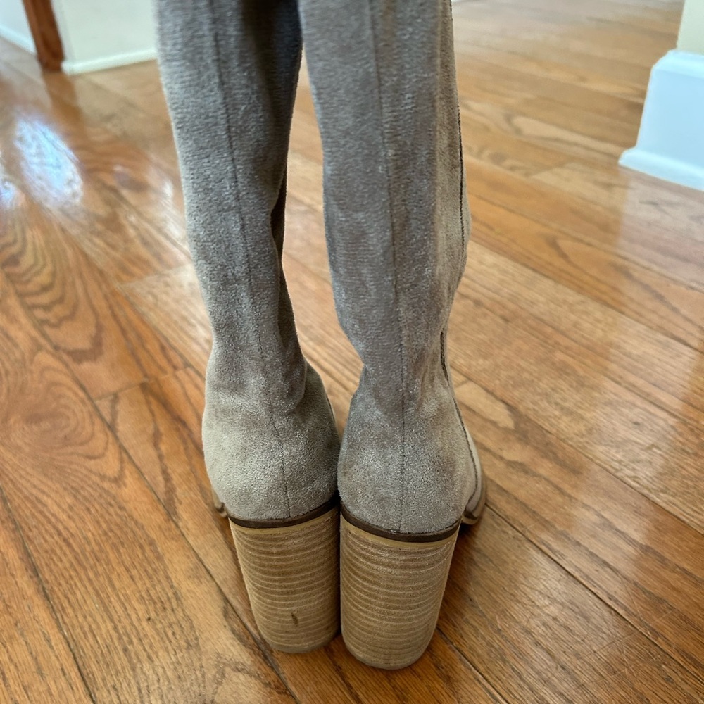 Oasis Society Brown/Beige Faux Suede 4” Tall Heeled Knee High Boots Size 7 Women - Picture 8 of 12